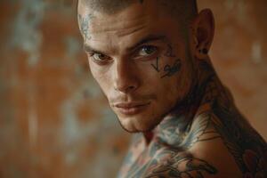 Portrait of a tattooed man with piercings looking directly at the camera photo