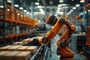 Industrial robot arm handling packages on conveyor belt in manufacturing plant photo