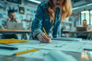 Woman drawing on paper at office desk during the day photo