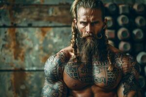 Muscular man with braided hair and beard in industrial setting photo
