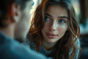 Close up portrait of woman with blue eyes looking at man photo