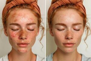 Womans face before and after skin treatment showing acne and freckles photo