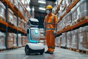 Warehouse worker interacts with automated delivery robot photo
