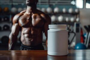 A muscular male athlete stands in a gym setting with a large container of sports nutrition supplements in the foreground. The athlete is shirtless and appears to be focused on his training photo