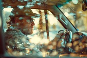 Man using phone while driving in a car photo