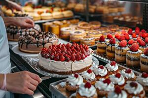A baker selects fresh strawberry cake from a bakery display case photo