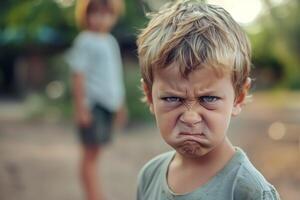 Young boy frowns in anger with another boy blurred in the background, childhood abuse and resentment photo