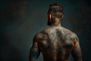 Muscular man with elaborate back tattoo posing against blue background photo