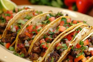 Close up of four delicious tacos with toppings photo