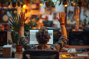 Young man celebrating success at computer desk in office photo