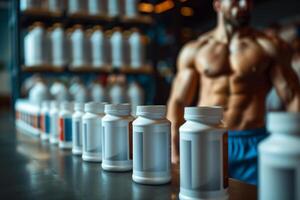 Row of white supplement bottles with blurred muscular athlete in background photo