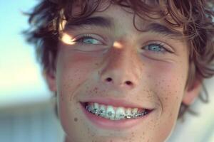 Smiling teenage boy with braces and freckles in sunny weather photo