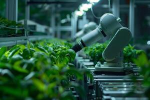 A robotic arm is shown tending to rows of green plants in an indoor farm, with the arms mechanical arm extended towards the plants photo