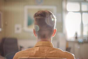 Man sitting in a room looking out a window, view of the back photo