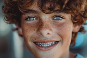 A close-up portrait of a young boy with curly red hair and freckles smiling at the camera. He is wearing braces on his teeth photo