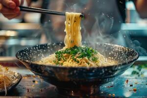 Steaming bowl of noodles being served with chopsticks photo
