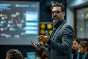 A businessman is presenting information to an audience, gesturing towards a large screen displaying data visualization. The man is wearing a suit and glasses, and the audience is attentive photo