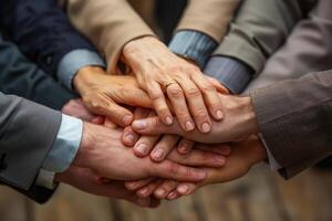 Closeup of business professionals placing hands together in unity photo