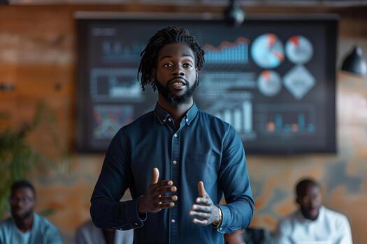 A young, African-American man with dreadlocks stands in front of a group of colleagues in a modern office photo