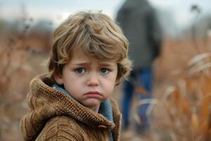 A young boy with blonde hair is standing in a field. He is looking directly at the camera photo