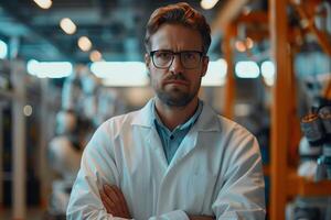 A robotic manufacturing engineer in a modern plant, standing with arms crossed and a serious expression photo