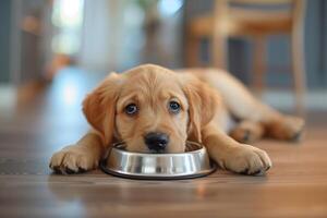Adorable sad golden retriever puppy resting near empty food bowl photo