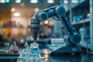 Robotic arm operating in modern manufactory, technologies in laboratory. Innovations in science photo