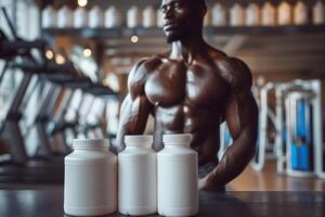 Muscular athlete posing with dietary supplements in a modern gym, African American bodybuilder and protein cans mockup photo