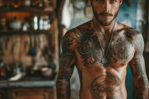 man with a beard and numerous tattoos standing shirtless in an interior space. The man has a muscular physique and a chain necklace photo