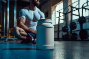 A close-up shot of a large, white plastic container with a screw-top lid. The container appears to be a sports nutrition supplement. It is in focus in the foreground photo