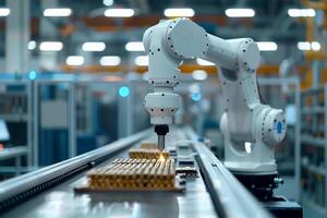 Robotic arm working on assembly line in modern factory photo