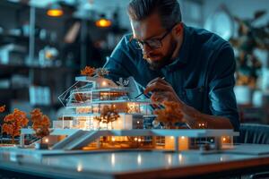 Architect working on city architecture model at night photo