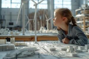 A young girl leans forward, gazing intently at a model city with wind turbines, her expression thoughtful and curious photo