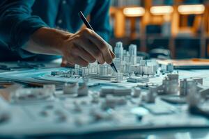Architect designing cityscape model with pencil photo