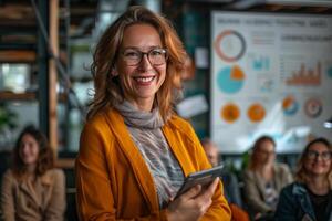 A businesswoman in a yellow blazer smiles at the camera while holding a tablet in her hands. She is standing in an office setting during a presentation with other colleagues in the background photo