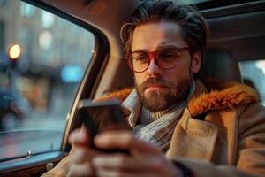 A man with a beard and glasses is sitting in the passenger seat of a car, using his smartphone. He is wearing a brown coat with a fur collar and a white turtleneck sweater photo