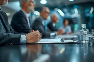 Businessman sitting at a conference table during a meeting photo