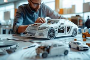 The designer carefully examines the cars intricate details and makes notes on the blueprints spread out on the table photo