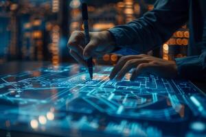 A person is using a stylus to navigate and interact with a digital interface, shown as a glowing blue schematic design, on a table in a modern workspace photo