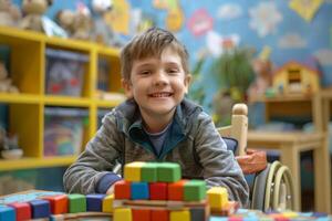 Smiling boy in wheelchair plays with building blocks in educational setting photo