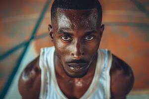 Close up portrait of a sweaty male athlete during workout, african american basketball player looking at camera photo