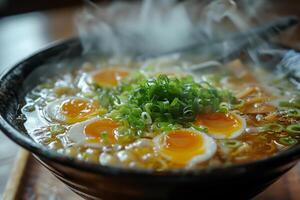 A close-up of a bowl of steaming ramen noodles topped with soft-boiled eggs and sliced green onions. The broth is rich and flavorful, and the noodles are perfectly cooked photo
