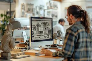 Architect working on modern house design in office photo