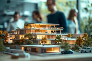 A group of architects stand around a detailed model of a city building. The model is lit up and shows the buildings facade, balconies, and surrounding greenery photo