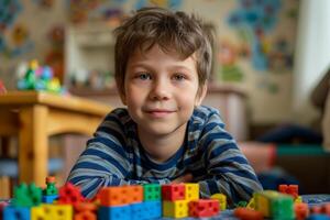 Young boy plays educational game with colorful blocks photo