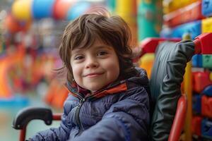 Young boy with disabilities smiles in wheelchair at indoor playground photo