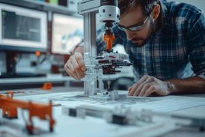 Engineer operating a robotic arm to assemble a model in a modern industrial setting photo