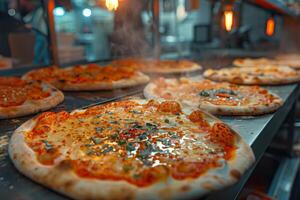 Freshly baked pizza ready for serving in a commercial kitchen photo