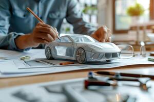 A car designer works on a concept car model in a design studio. The designer is using a pencil to draw on the model, and there are other design tools on the desk photo