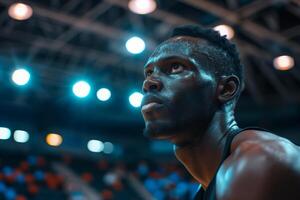 Basketball player looking up at stadium lights during game photo